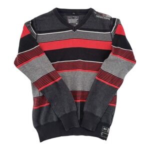 MFDJNS Industry Striped Sweater Red Gray Black Long Sleeve Pullover V Neck Small